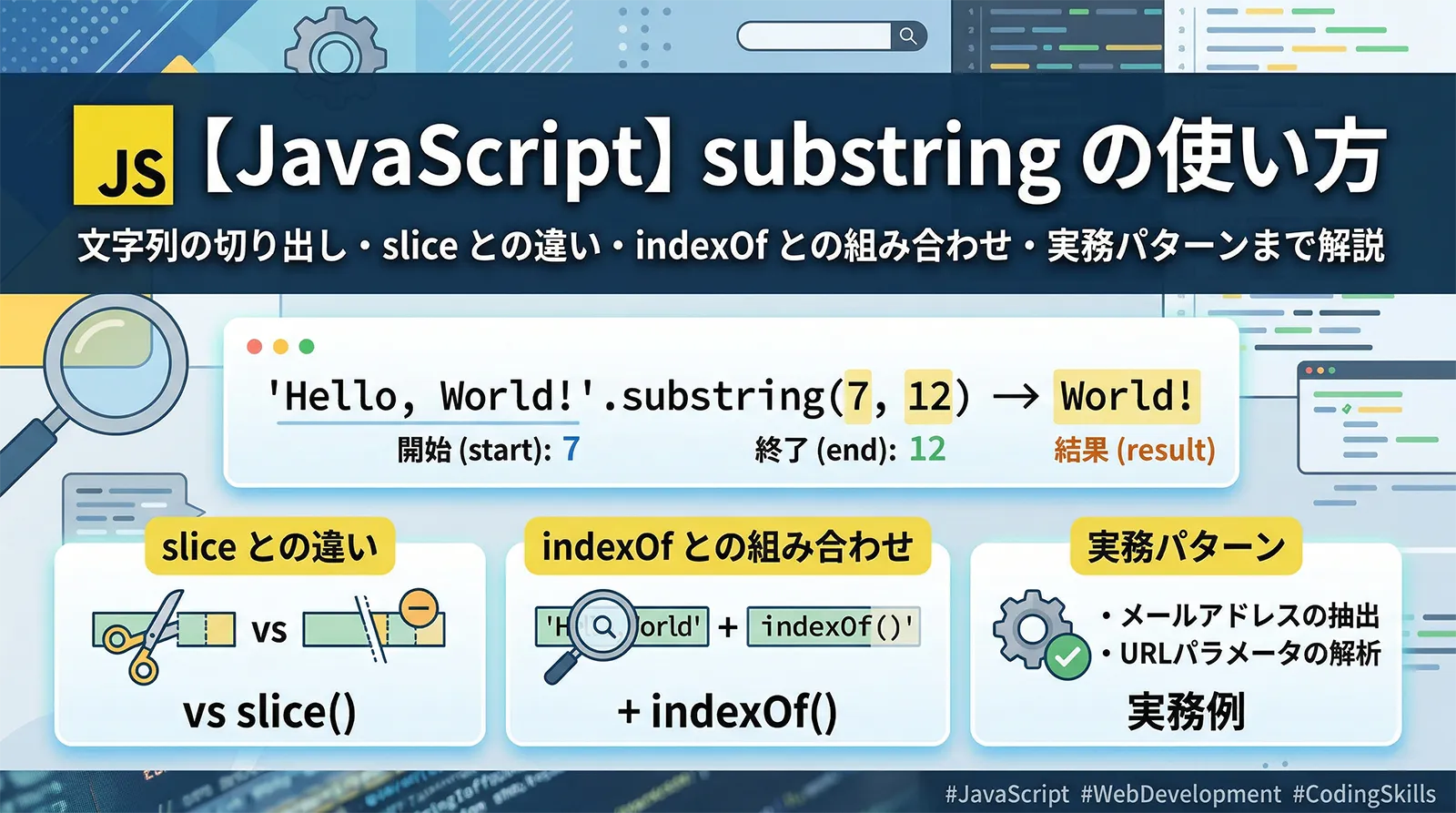 【JavaScript】substring の使い方｜文字列の切り出し・slice との違い・indexOf との組み合わせ・実務パターンまで解説