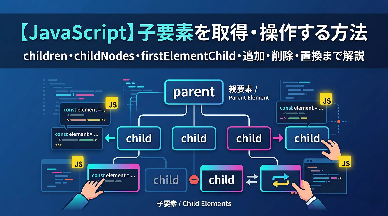 【JavaScript】子要素を取得・操作する方法｜children・childNodes・firstElementChild・追加・削除・置換まで解説
