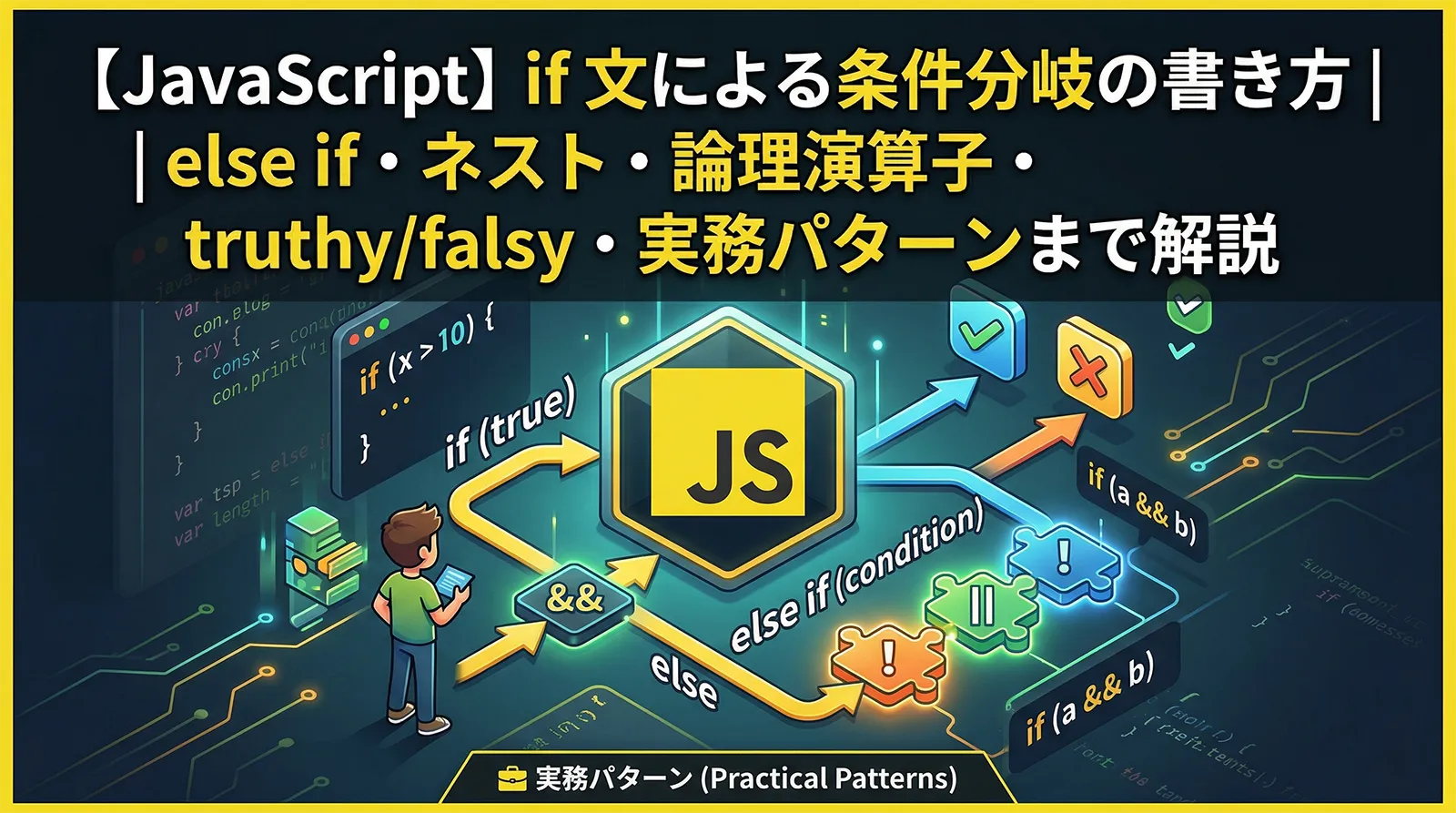 【JavaScript】if 文による条件分岐の書き方｜else if・ネスト・論理演算子・truthy/falsy・実務パターンまで解説