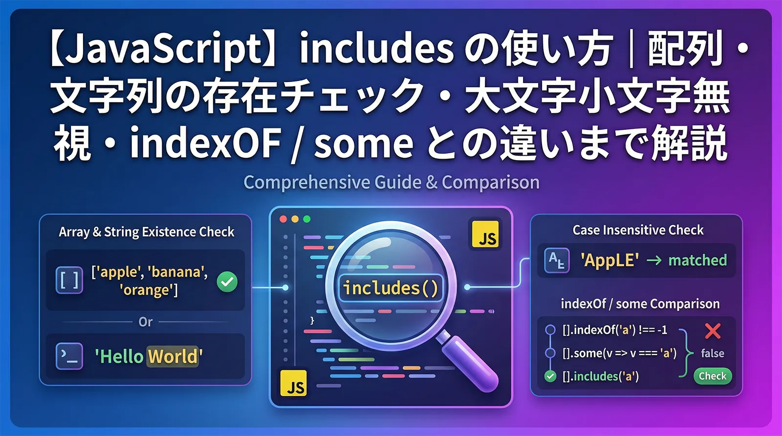 【JavaScript】includes の使い方｜配列・文字列の存在チェック・大文字小文字無視・indexOf / some との違いまで解説