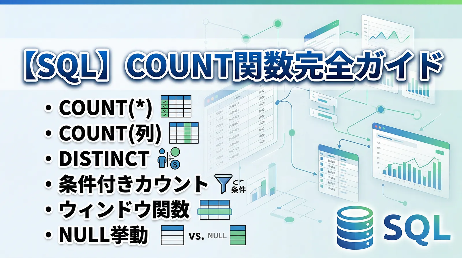 【SQL】COUNT関数完全ガイド｜COUNT(*)・COUNT(列)・DISTINCT・条件付きカウント・ウィンドウ関数・NULL挙動まで解説