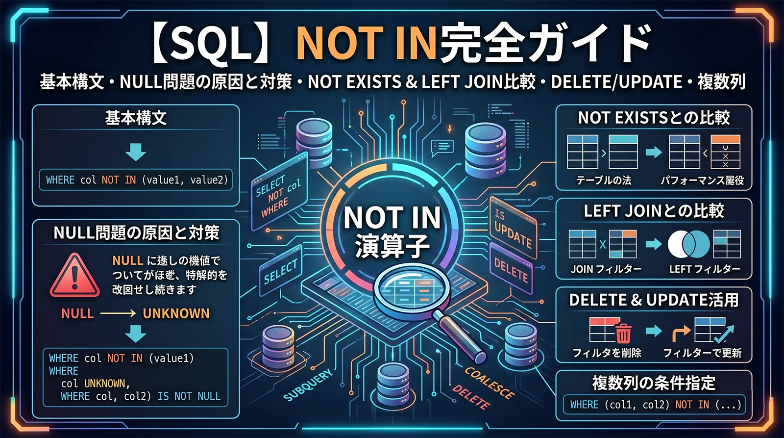 【SQL】NOT IN完全ガイド｜基本構文・NULL問題の原因と対策・NOT EXISTS・LEFT JOIN比較・DELETE/UPDATE・複数列まで解説