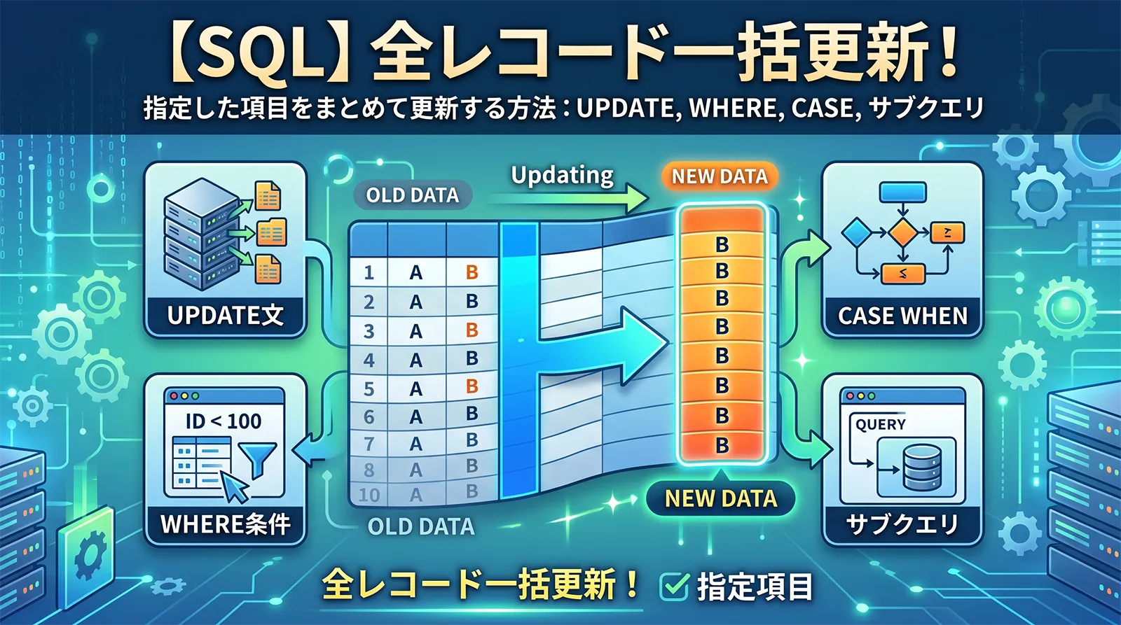 【SQL】指定した項目を全レコード一括で更新する方法｜UPDATE文・WHERE条件・CASE WHEN・サブクエリでの一括更新