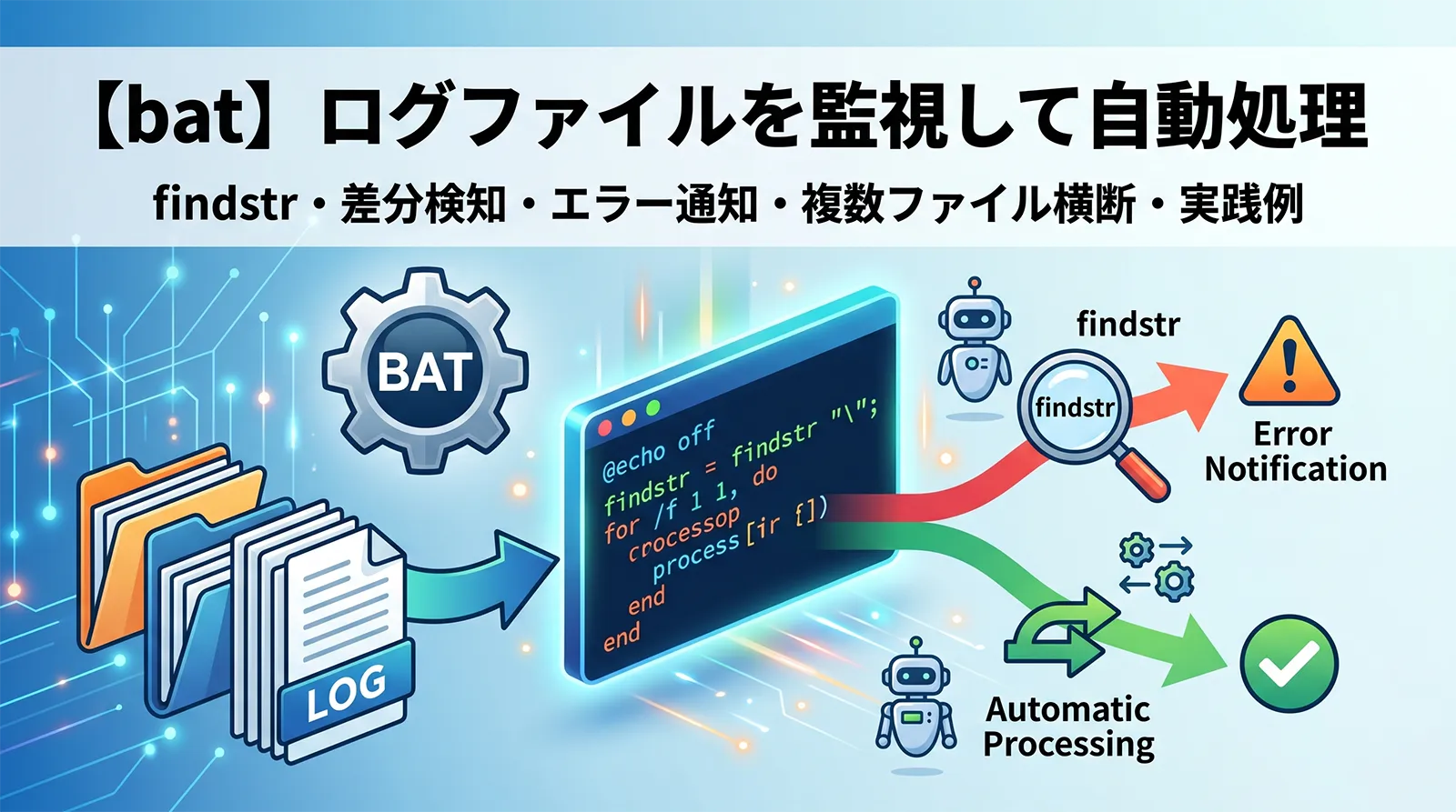 【bat】ログファイルを監視して自動処理するバッチファイル完全ガイド｜findstr・差分検知・エラー通知・複数ファイル横断・実践例まで