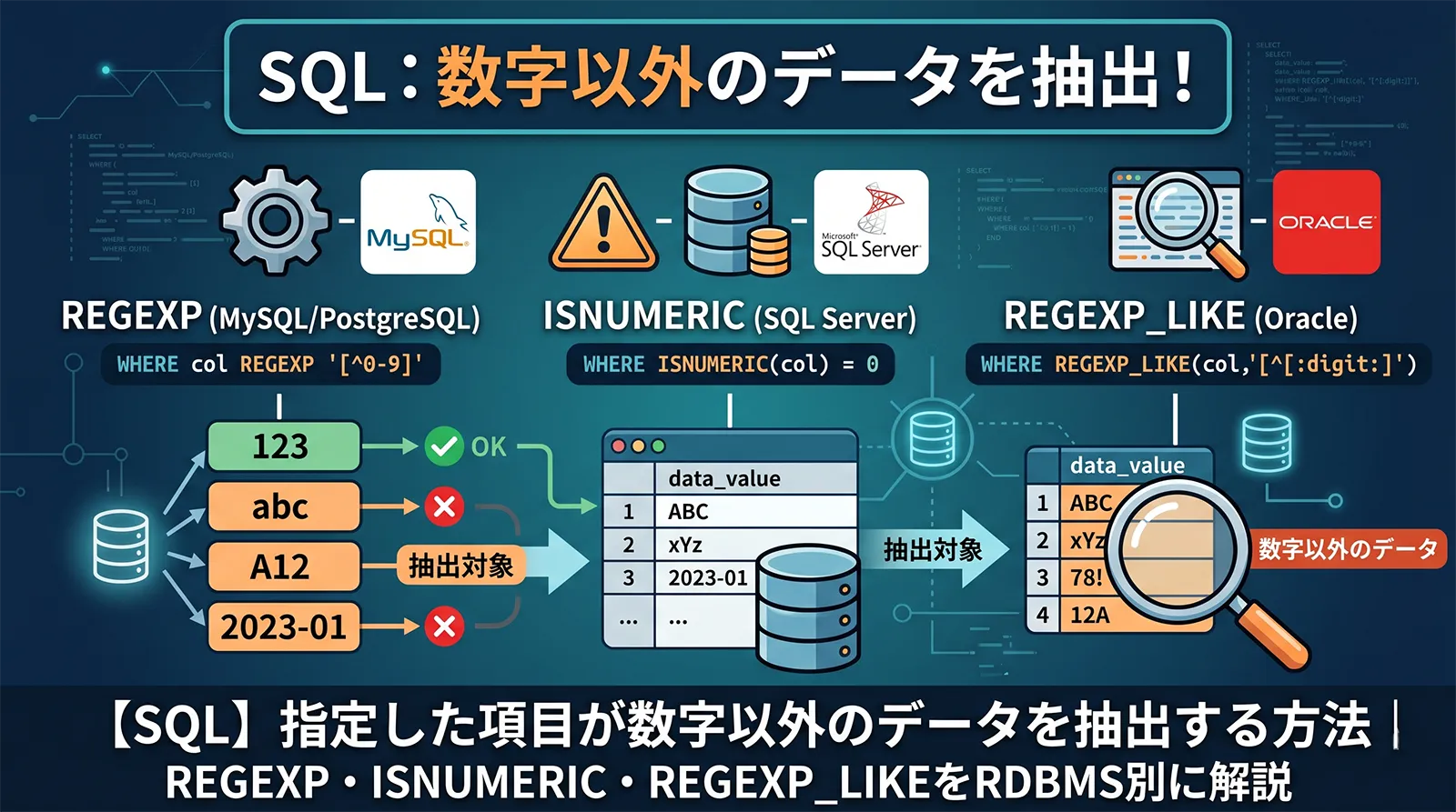 【SQL】指定した項目が数字以外のデータを抽出する方法｜REGEXP・ISNUMERIC・REGEXP_LIKEをRDBMS別に解説