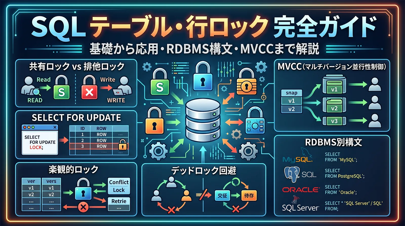 【SQL】テーブル・行ロック完全ガイド｜SELECT FOR UPDATE・共有ロック・楽観的ロック・デッドロック回避・MVCC・RDBMS別構文まで解説