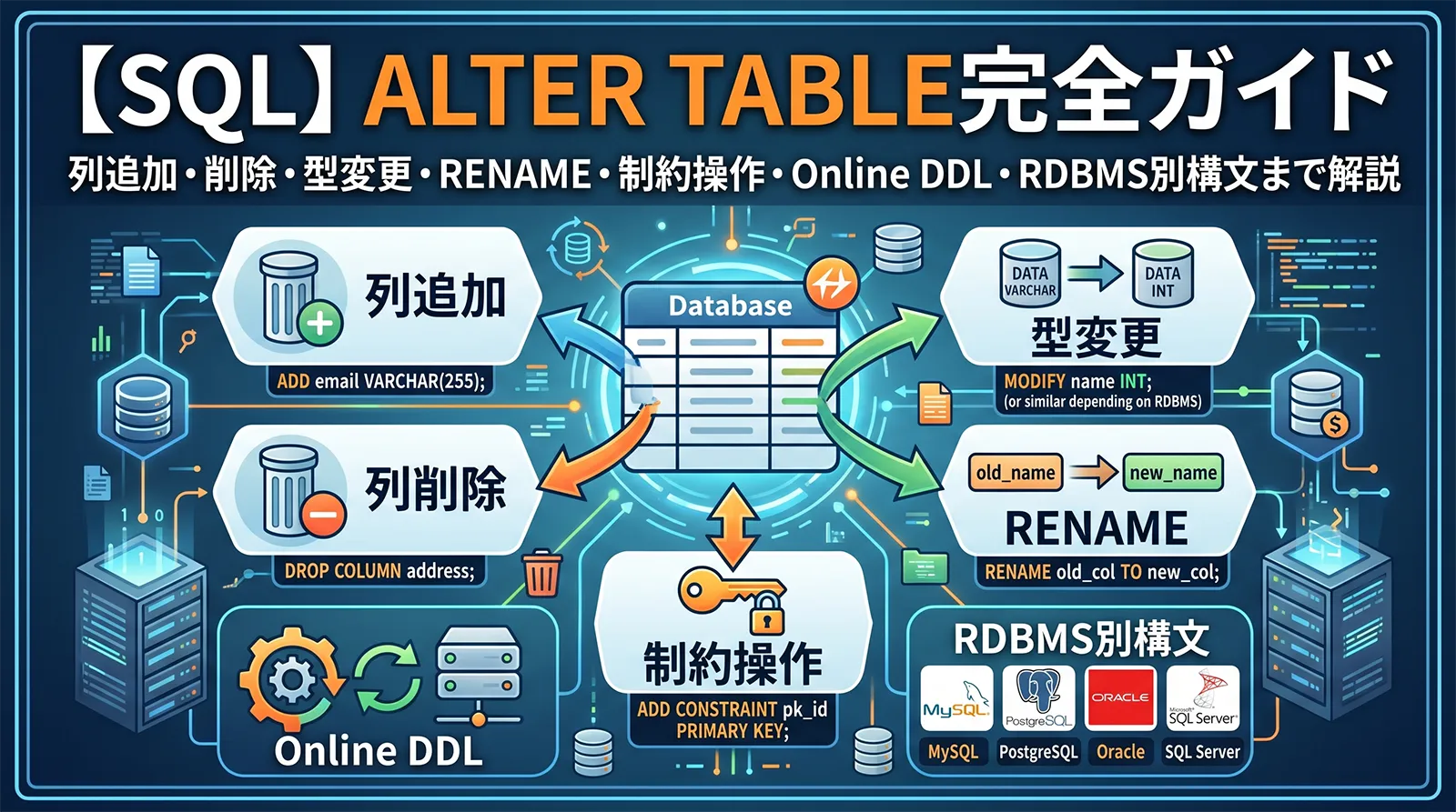 【SQL】ALTER TABLE完全ガイド｜列追加・削除・型変更・RENAME・制約操作・Online DDL・RDBMS別構文まで解説