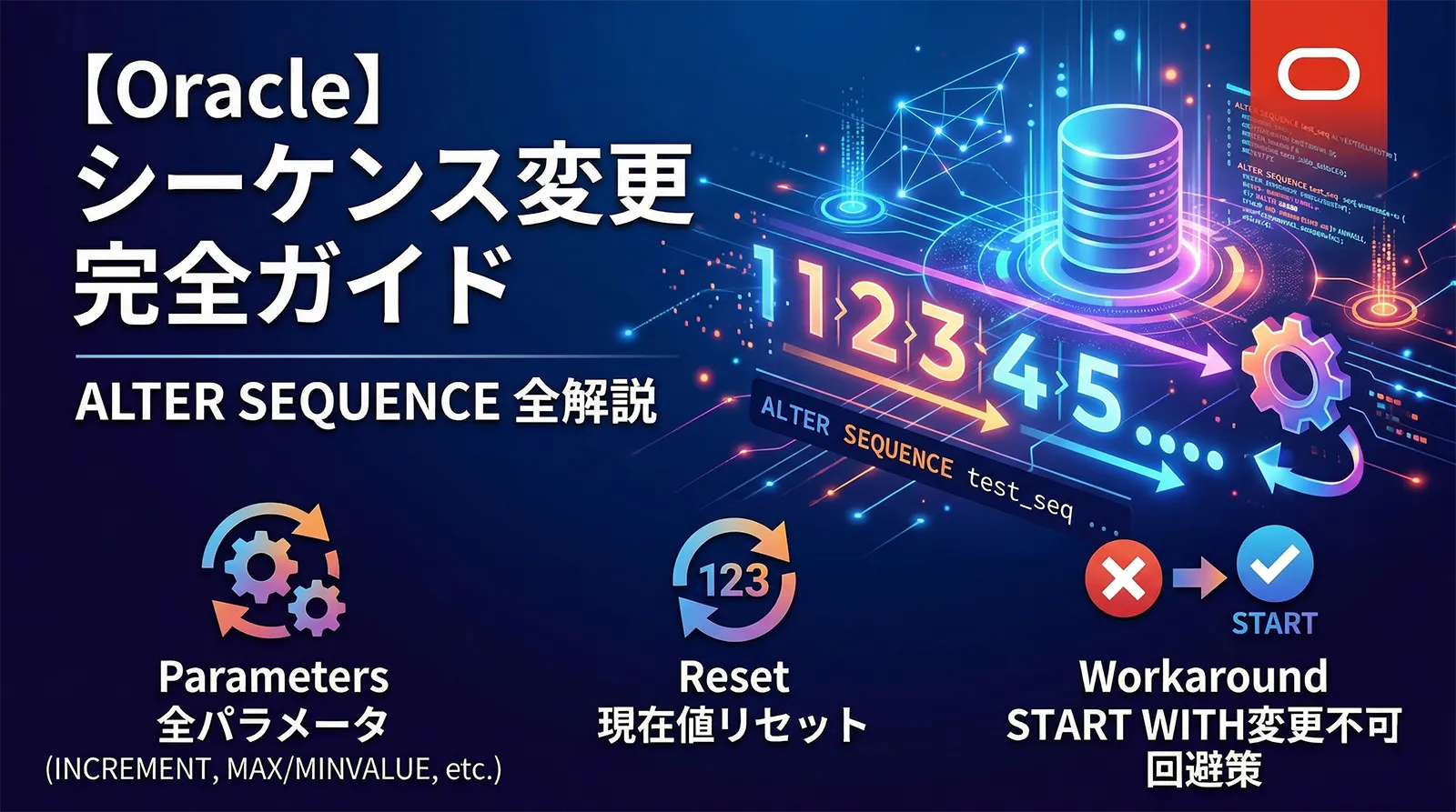 【Oracle】シーケンスの変更方法完全ガイド｜ALTER SEQUENCE全パラメータ・現在値のリセット・START WITH変更不可の回避策まで解説