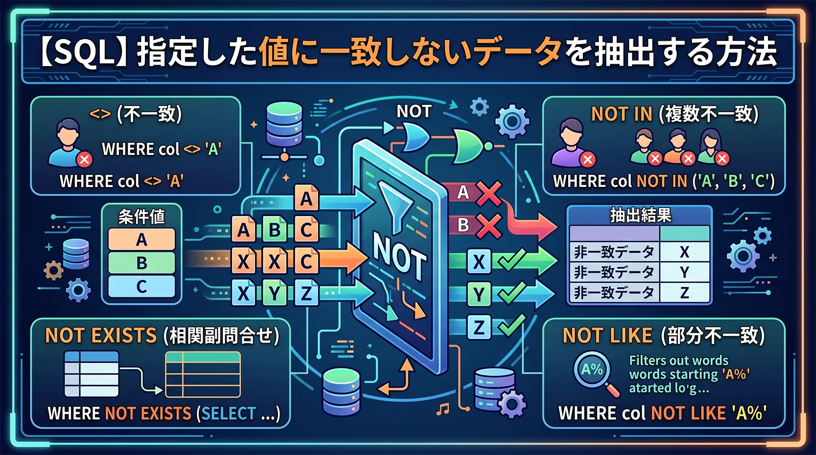 【SQL】指定した値に一致しないデータを抽出する方法｜・NOT IN・NOT EXISTS・NOT LIKEの使い分け