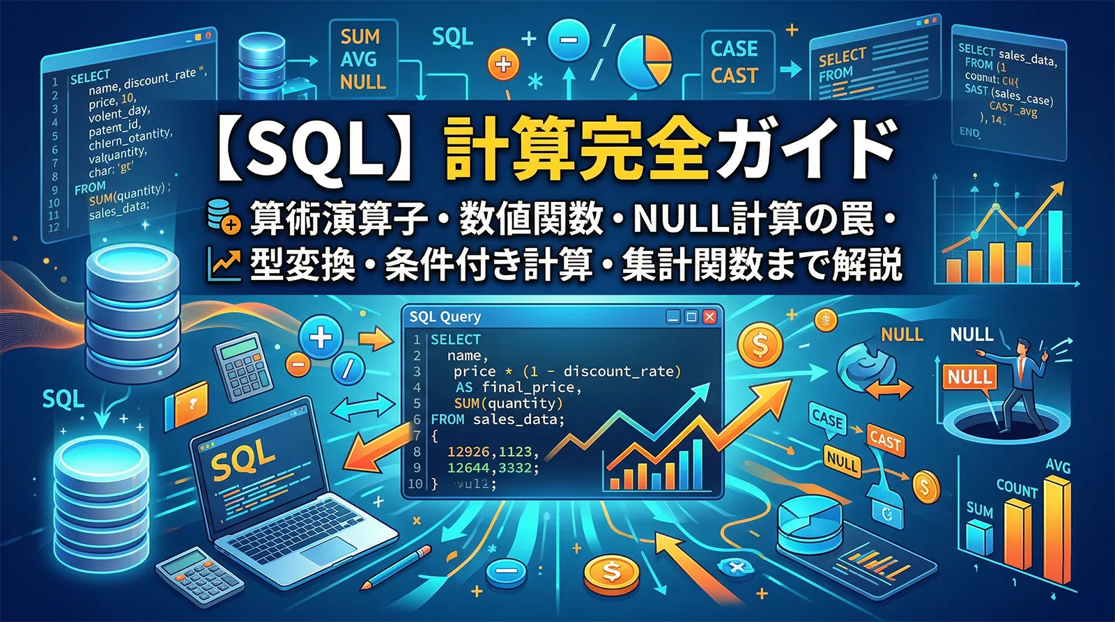 【SQL】計算完全ガイド｜算術演算子・数値関数・NULL計算の罠・型変換・条件付き計算・集計関数まで解説