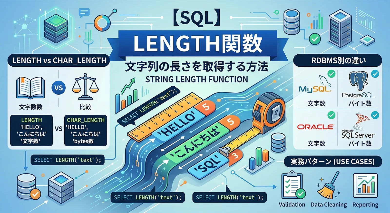 【SQL】LENGTH関数で文字列の長さを取得する方法｜CHAR_LENGTH・RDBMS別の違い・実務パターン