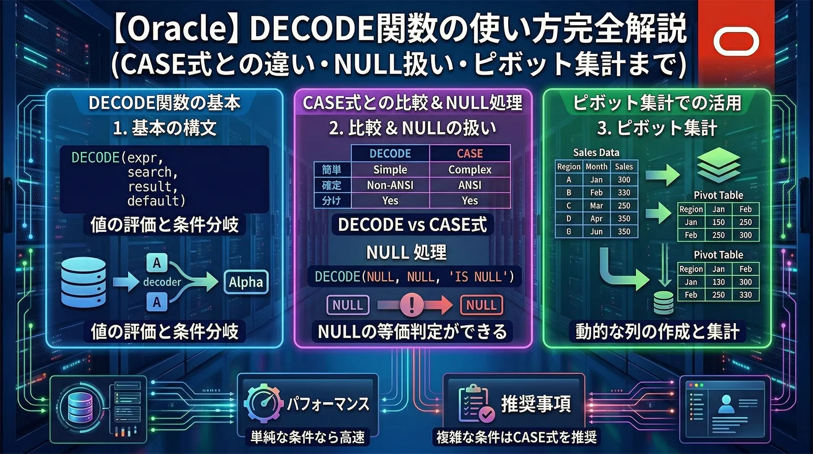 【Oracle】DECODE関数の使い方完全解説｜CASE式との違い・NULL扱い・ピボット集計まで
