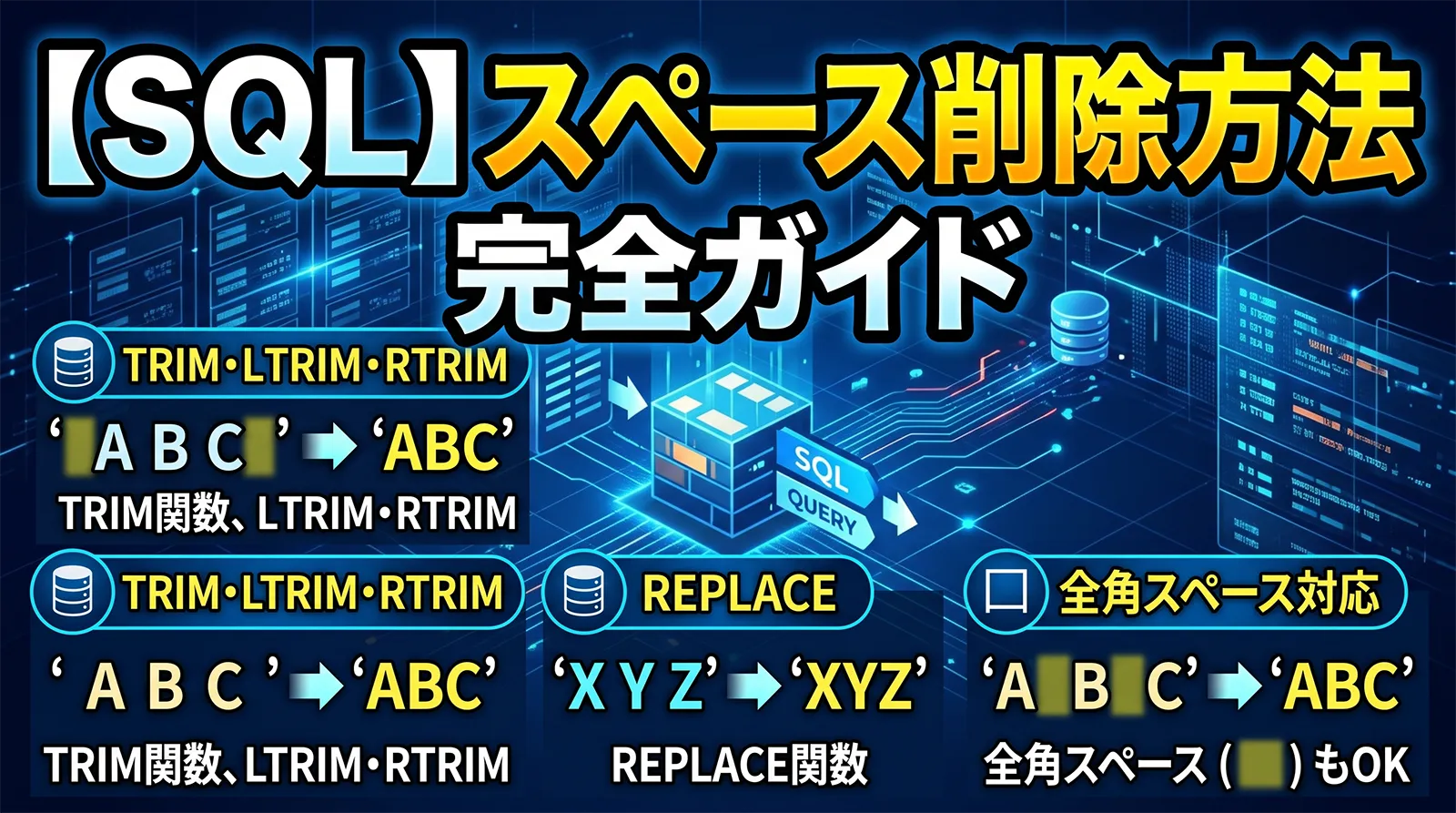 【SQL】スペース（空白）を削除する方法完全ガイド｜TRIM・LTRIM・RTRIM・REPLACE・全角スペース対応まで