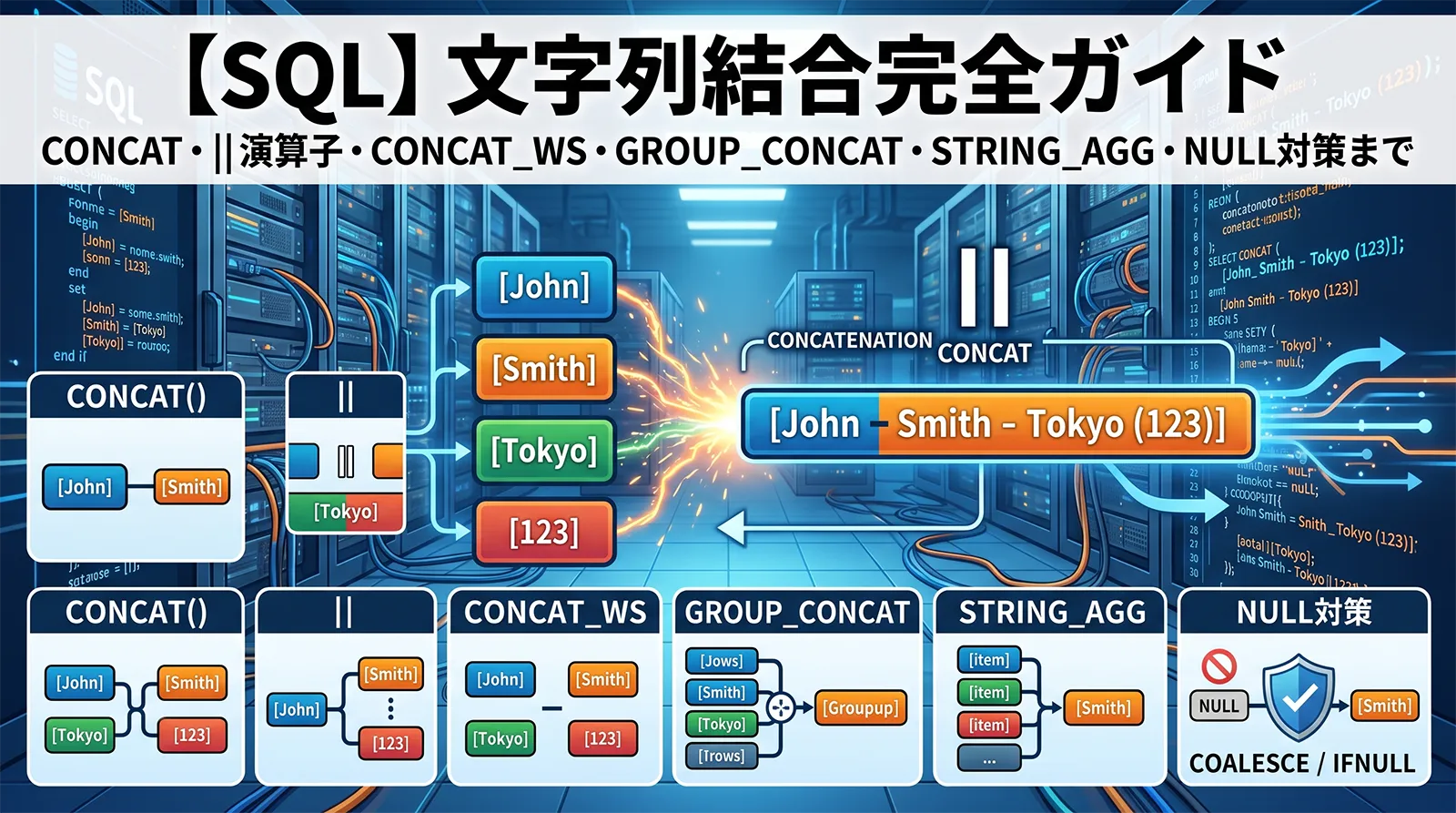 【SQL】文字列結合完全ガイド｜CONCAT・||演算子・CONCAT_WS・GROUP_CONCAT・STRING_AGG・NULL対策まで