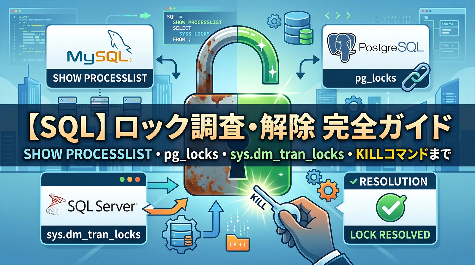 【SQL】ロック調査・解除完全ガイド｜SHOW PROCESSLIST・pg_locks・sys.dm_tran_locks・KILLコマンドまで