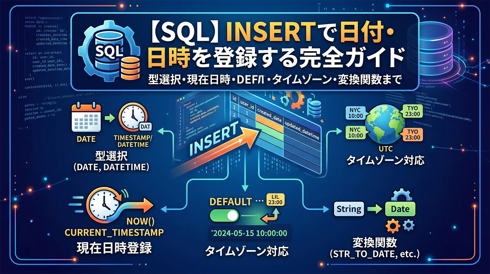 【SQL】INSERTで日付・日時を登録する完全ガイド｜型選択・現在日時・DEFAULT・タイムゾーン・変換関数まで