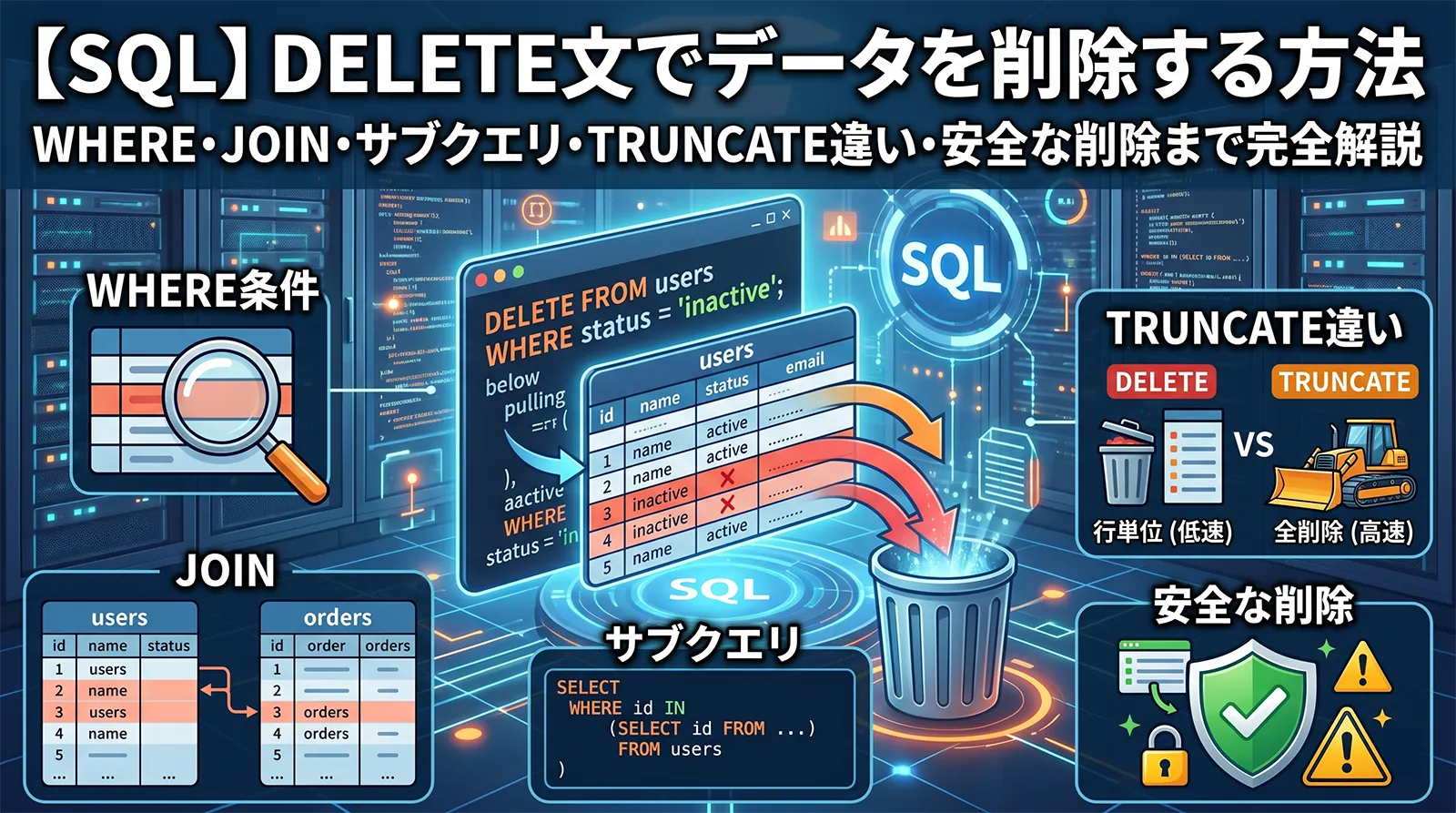 【SQL】DELETE文でデータを削除する方法｜WHERE条件・JOIN・サブクエリ・TRUNCATE違い・安全な削除パターンまで完全解説