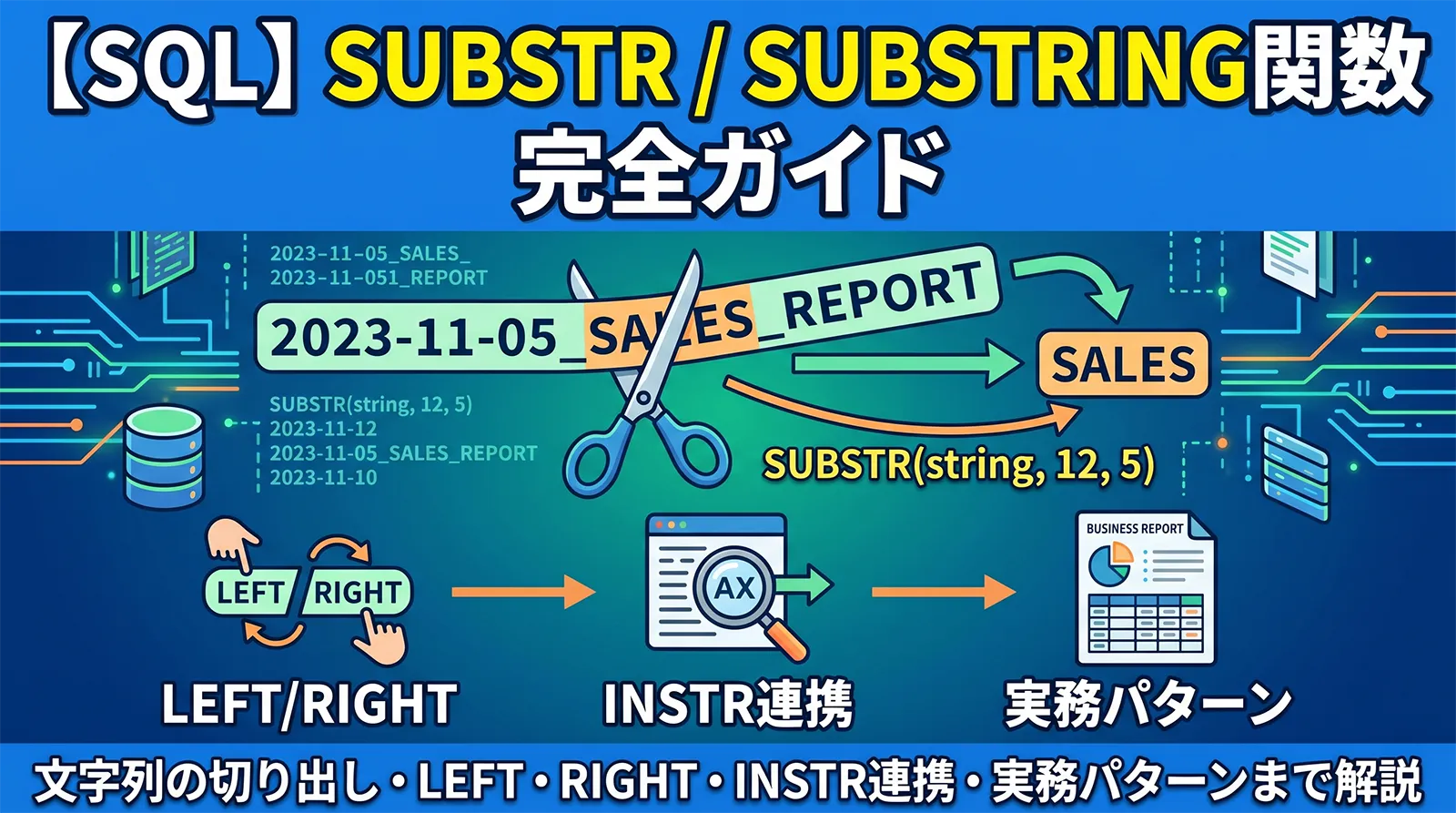 【SQL】SUBSTR / SUBSTRING関数完全ガイド｜文字列の切り出し・LEFT・RIGHT・INSTR連携・実務パターンまで解説