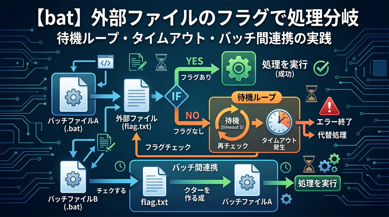 【bat】外部ファイルのフラグを読み込んで処理を分岐する方法｜待機ループ・タイムアウト・バッチ間連携の実践ガイド