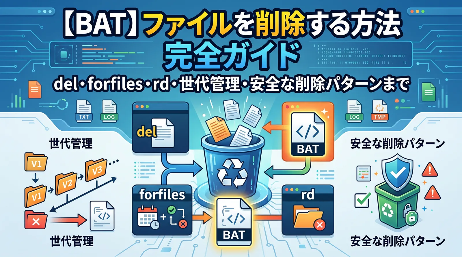 【bat】ファイルを削除する方法完全ガイド｜del・forfiles・rd・世代管理・安全な削除パターンまで