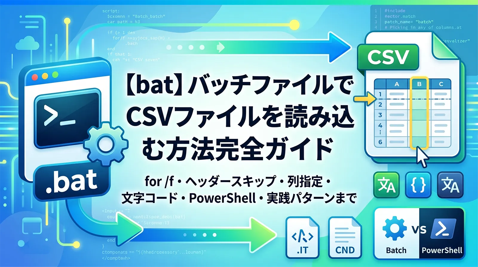 【bat】バッチファイルでCSVファイルを読み込む方法完全ガイド｜for /f・ヘッダースキップ・列指定・文字コード・PowerShell・実践パターンまで