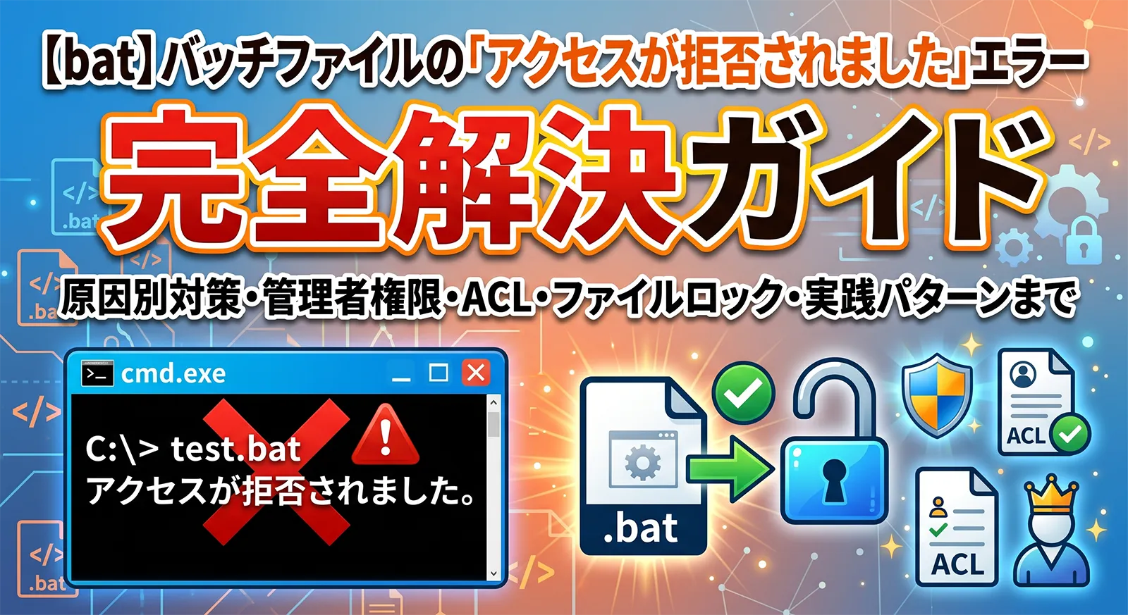 【bat】バッチファイルの「アクセスが拒否されました」エラー完全解決ガイド｜原因別対策・管理者権限・ACL・ファイルロック・実践パターンまで