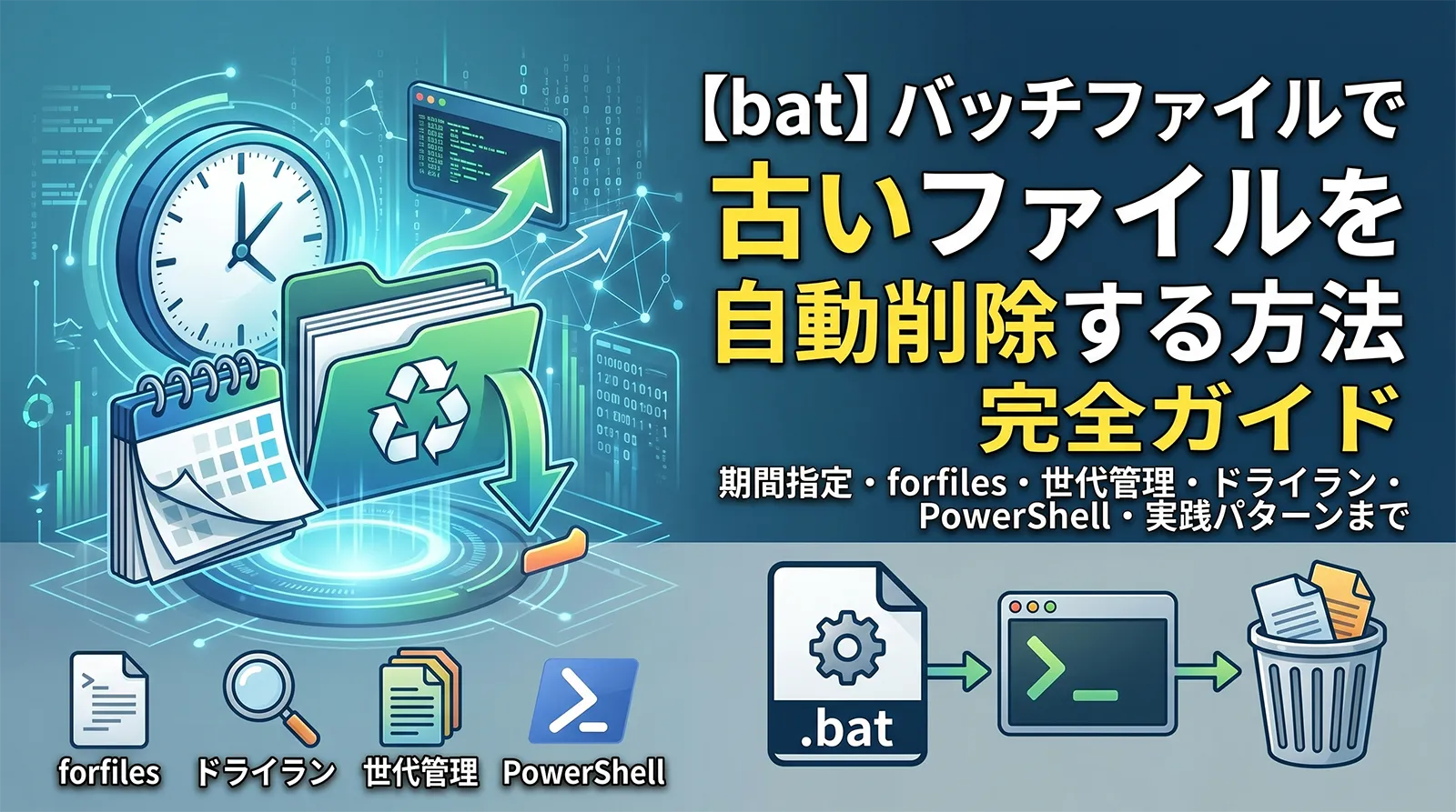 【bat】バッチファイルで指定した期間以前に更新されたファイルを自動削除する方法完全ガイド｜forfiles・ドライラン・世代管理・PowerShell・実践パターンまで