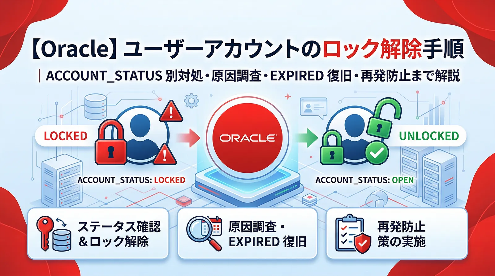 【Oracle】ユーザーアカウントのロック解除手順｜ACCOUNT_STATUS 別対処・原因調査・EXPIRED 復旧・再発防止まで解説