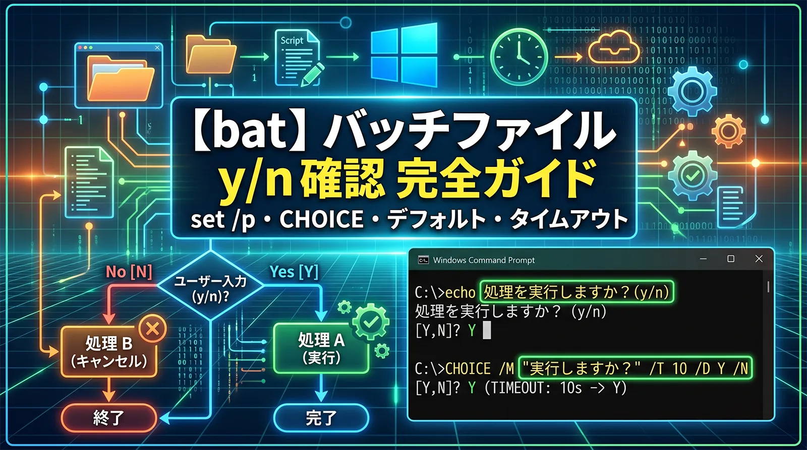 【bat】バッチファイルでy/n確認による処理分岐を実現する方法完全ガイド｜set /p・CHOICE・デフォルト・タイムアウトまで