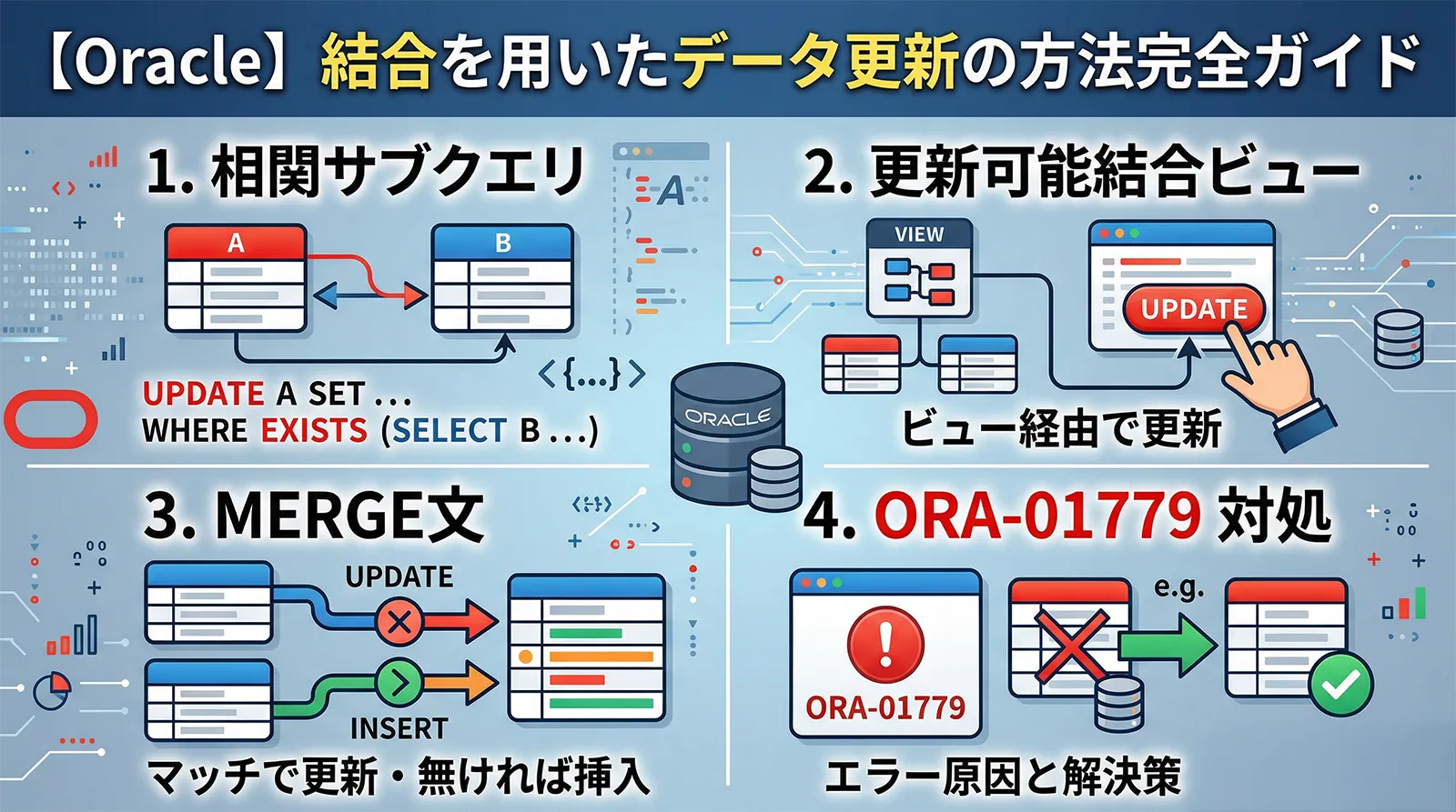 【Oracle】結合を用いたデータ更新の方法完全ガイド｜相関サブクエリ・更新可能結合ビュー・MERGE・ORA-01779対処まで解説
