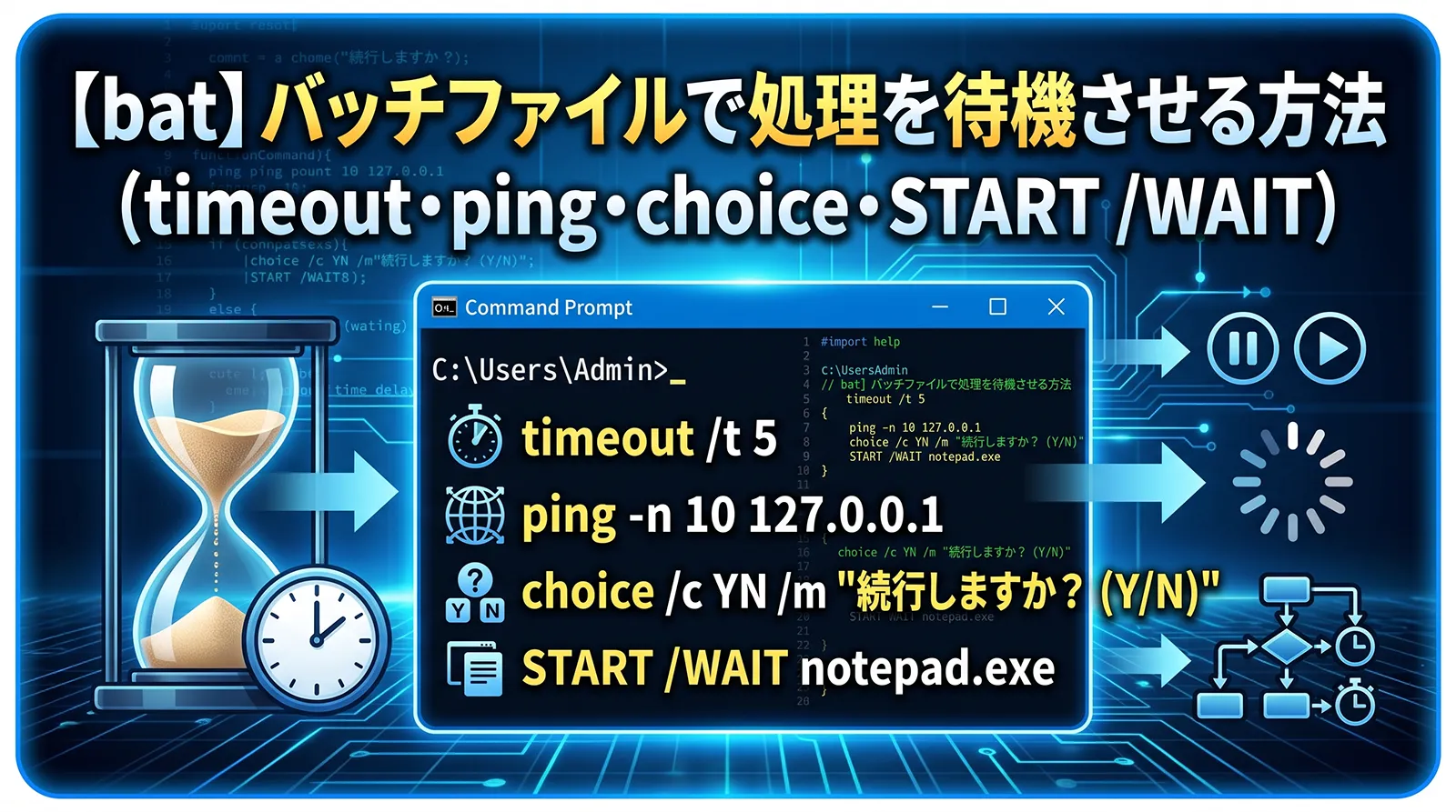 【bat】バッチファイルで処理を待機させる方法（timeout・ping・choice・START /WAIT）