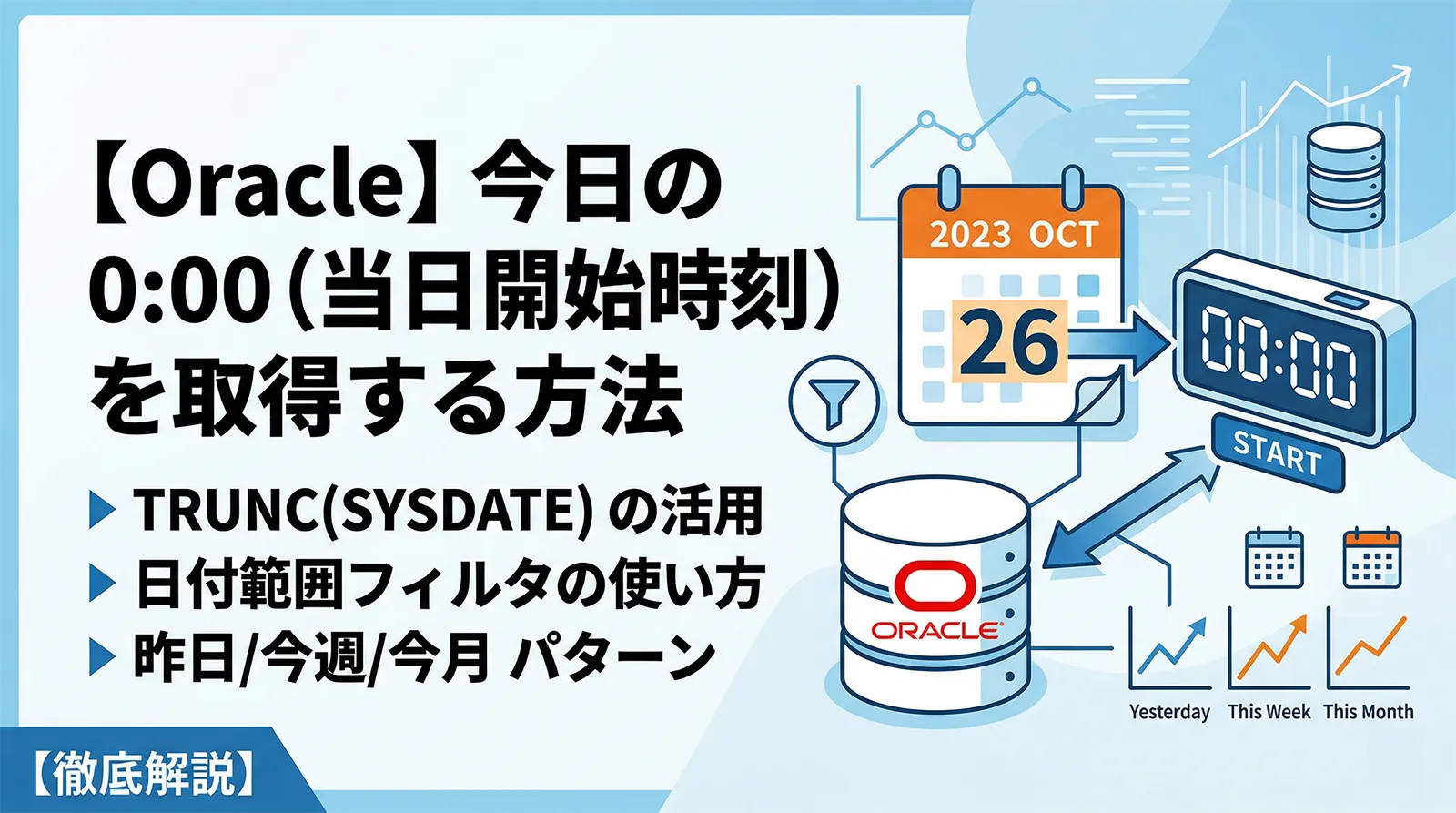 【Oracle】今日の 0:00（当日開始時刻）を取得する方法｜TRUNC(SYSDATE)・日付範囲フィルタ・昨日/今週/今月パターンまで解説