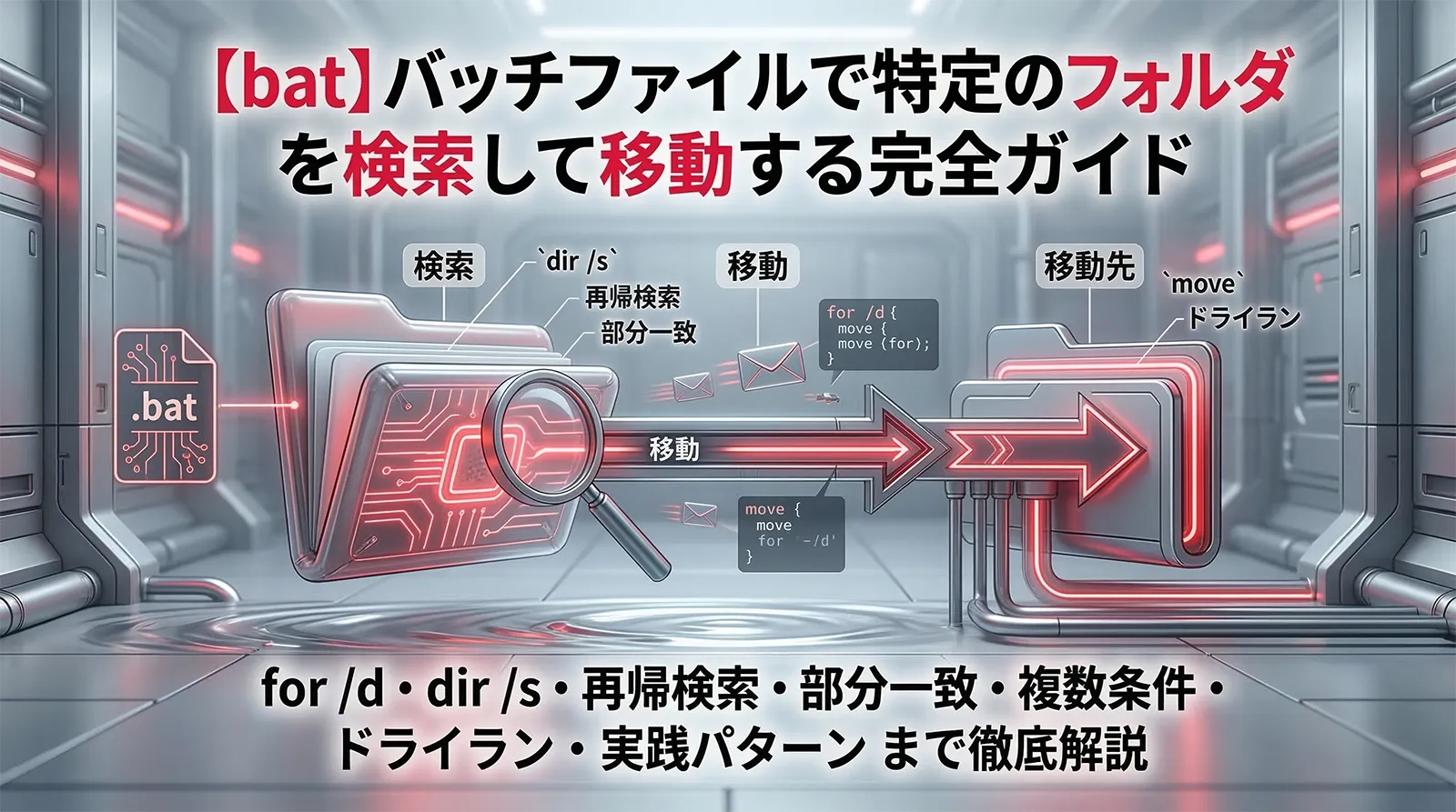 【bat】バッチファイルで特定のフォルダを検索して移動する完全ガイド｜for /d・dir /s・再帰検索・部分一致・複数条件・ドライラン・実践パターンまで徹底解説