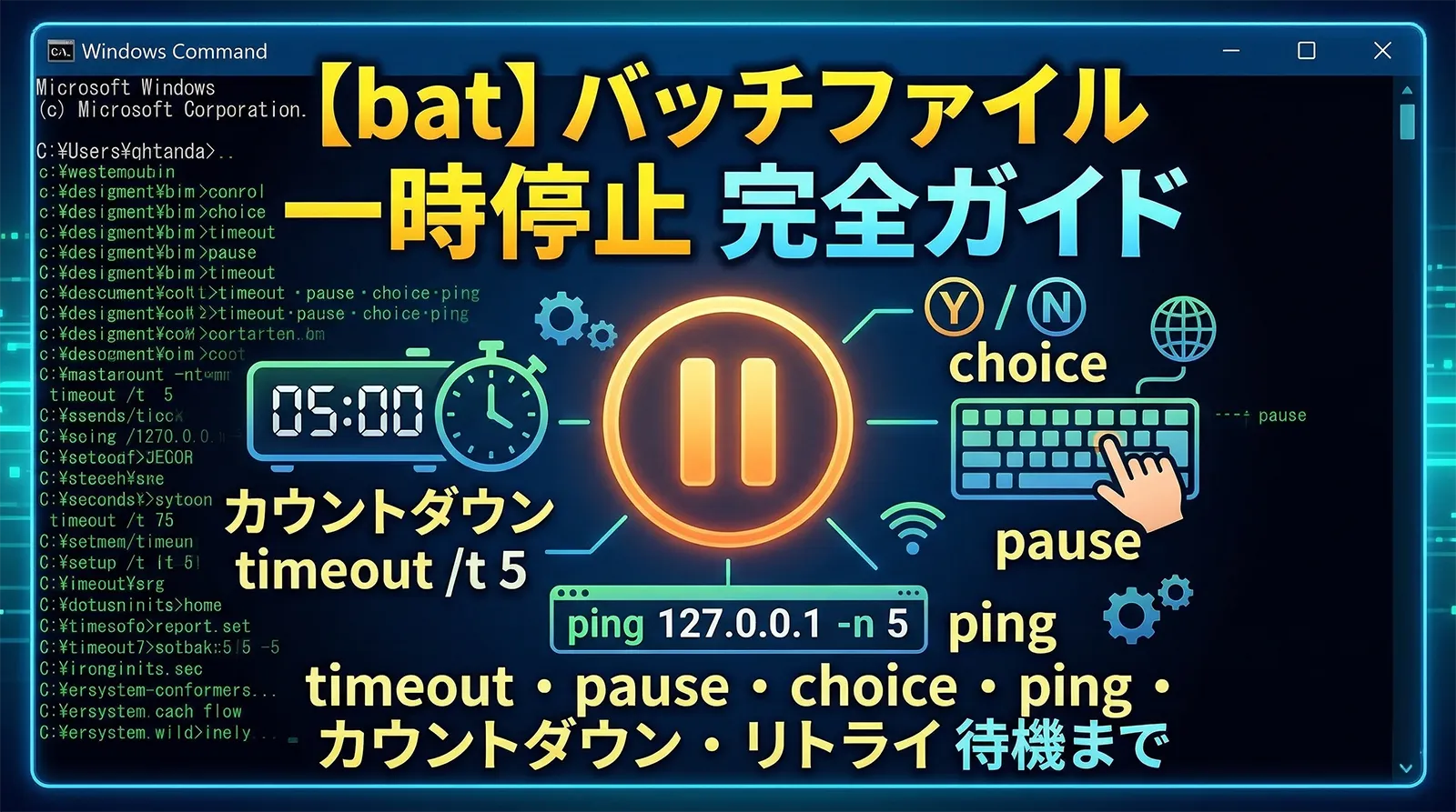 【bat】バッチファイルで処理を一時停止する方法完全ガイド｜timeout・pause・choice・ping・カウントダウン・リトライ待機まで