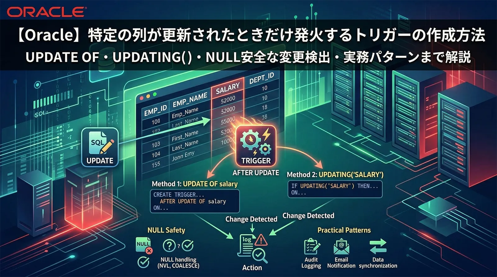 【Oracle】特定の列が更新されたときだけ発火するトリガーの作成方法｜UPDATE OF・UPDATING()・NULL安全な変更検出・実務パターンまで解説