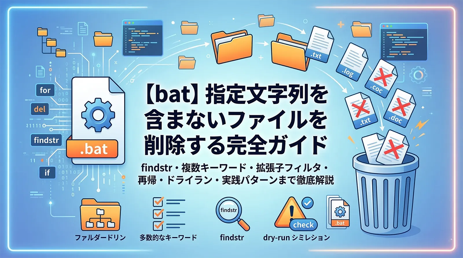 【bat】バッチファイルでファイル名に指定文字列を含まないファイルを削除する完全ガイド｜findstr・複数キーワード・拡張子フィルタ・再帰・ドライラン・実践パターンまで徹底解説