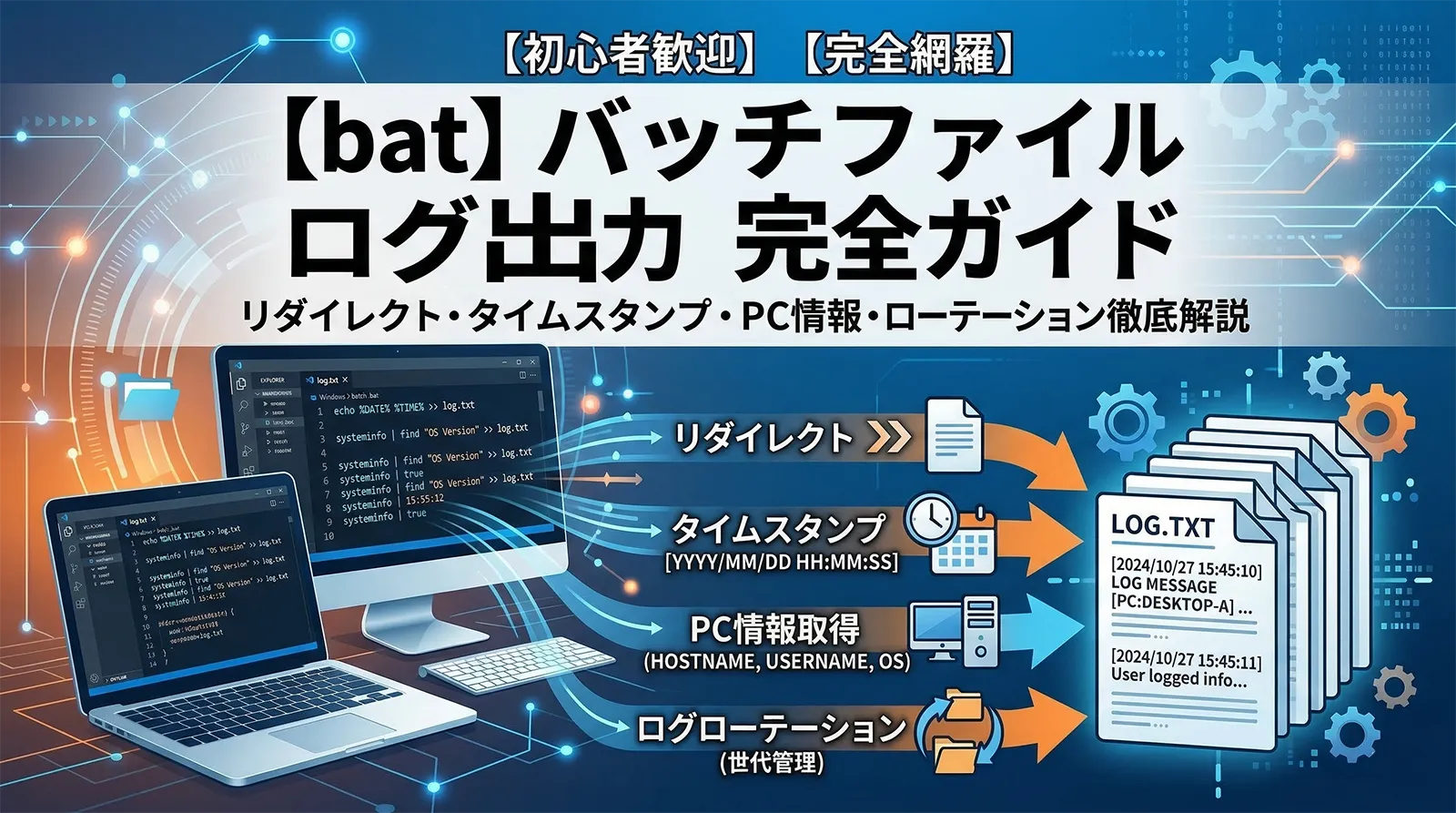 【bat】バッチファイルでログを出力する方法完全ガイド｜リダイレクト・タイムスタンプ・PC情報・ローテーションまで徹底解説