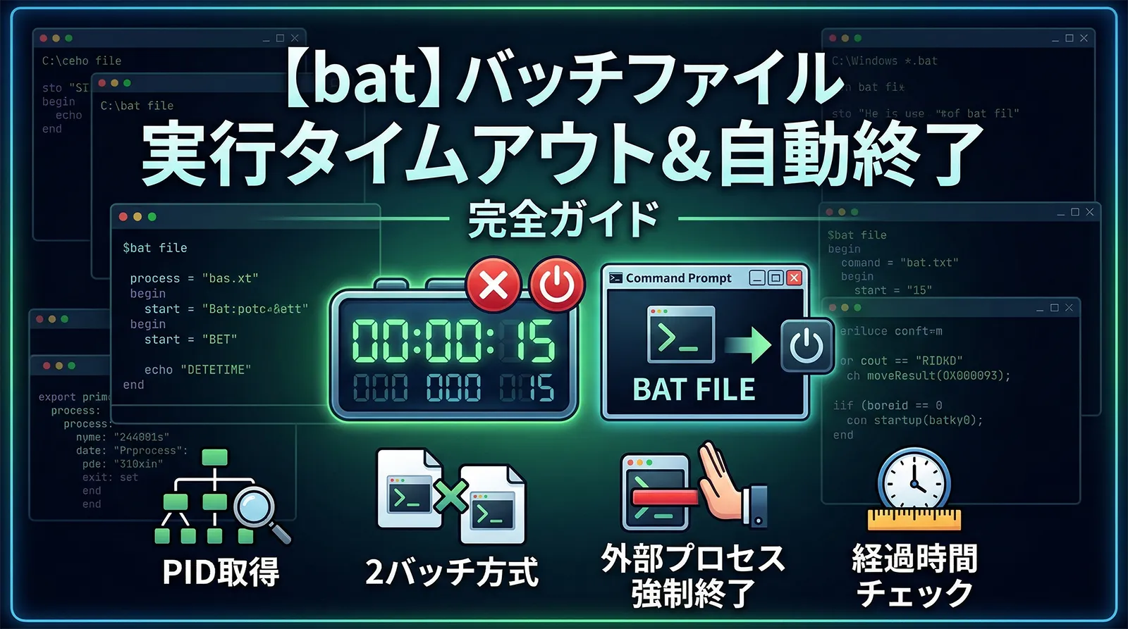 【bat】バッチファイルに実行タイムアウトを設定して自動終了する完全ガイド｜PID取得・2バッチ方式・外部プロセス強制終了・経過時間チェックまで