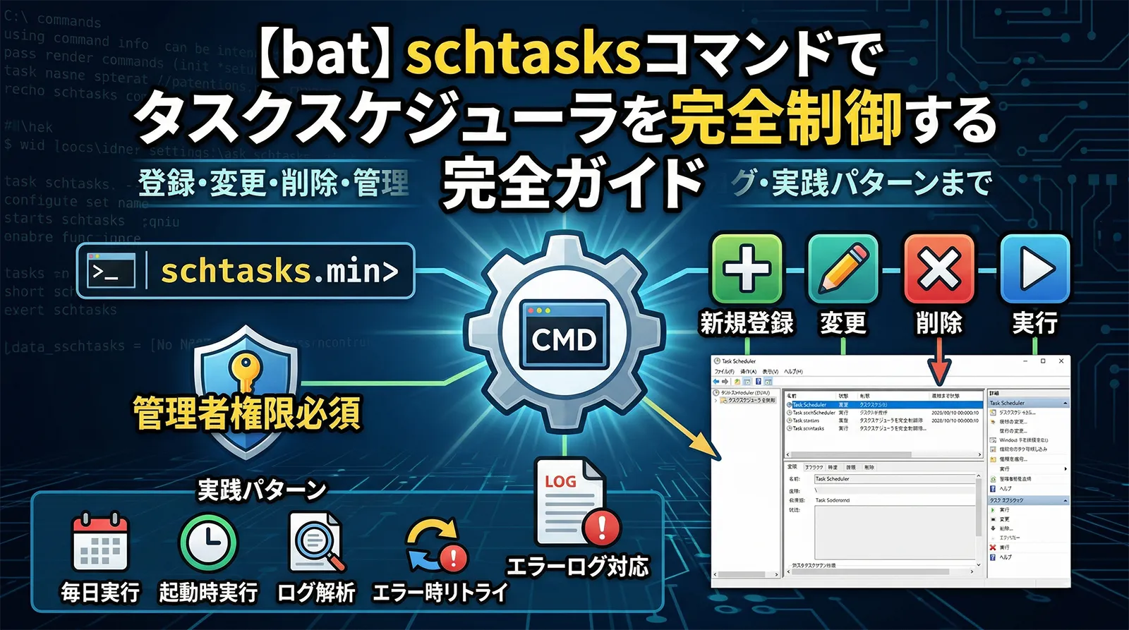 【bat】schtasksコマンドでタスクスケジューラを完全制御する完全ガイド｜登録・変更・削除・管理者権限・エラーログ・実践パターンまで