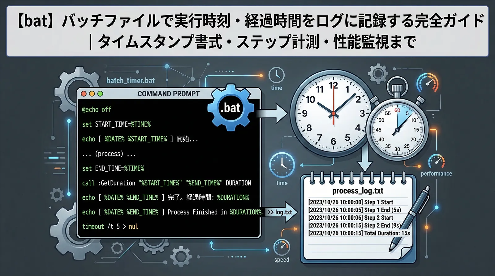 【bat】バッチファイルで実行時刻・経過時間をログに記録する完全ガイド｜タイムスタンプ書式・ステップ計測・性能監視まで