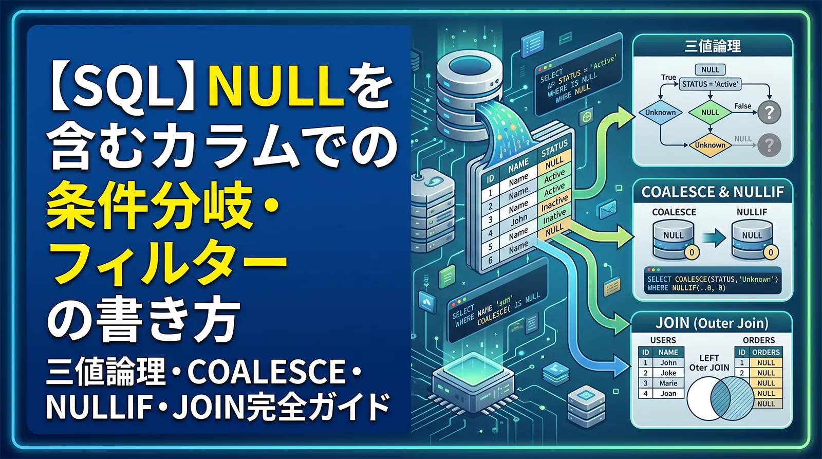 【SQL】NULLを含むカラムでの条件分岐・フィルターの書き方｜三値論理・COALESCE・NULLIF・JOIN完全ガイド