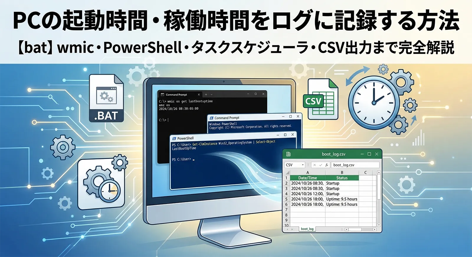 【bat】PCの起動時間・稼働時間をログに記録する方法｜wmic・PowerShell・タスクスケジューラ・CSV出力まで完全解説