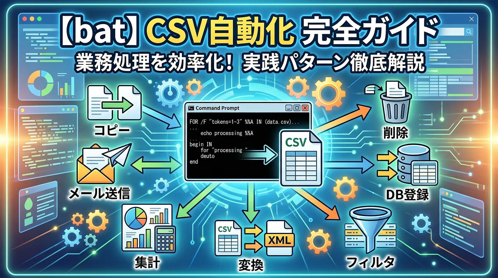 【bat】CSVを読み取って業務処理を自動化する完全ガイド｜コピー・削除・DB登録・フィルタ・変換・集計・メール送信まで実践パターン徹底解説