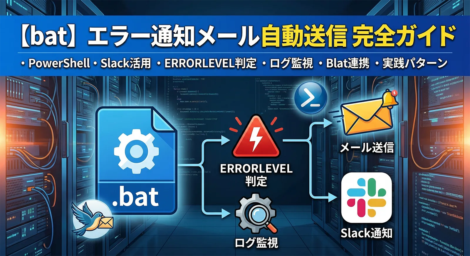 【bat】バッチファイルでエラー通知メールを自動送信する完全ガイド｜PowerShell・ERRORLEVEL判定・ログ監視・Slack通知・Blat・実践パターンまで