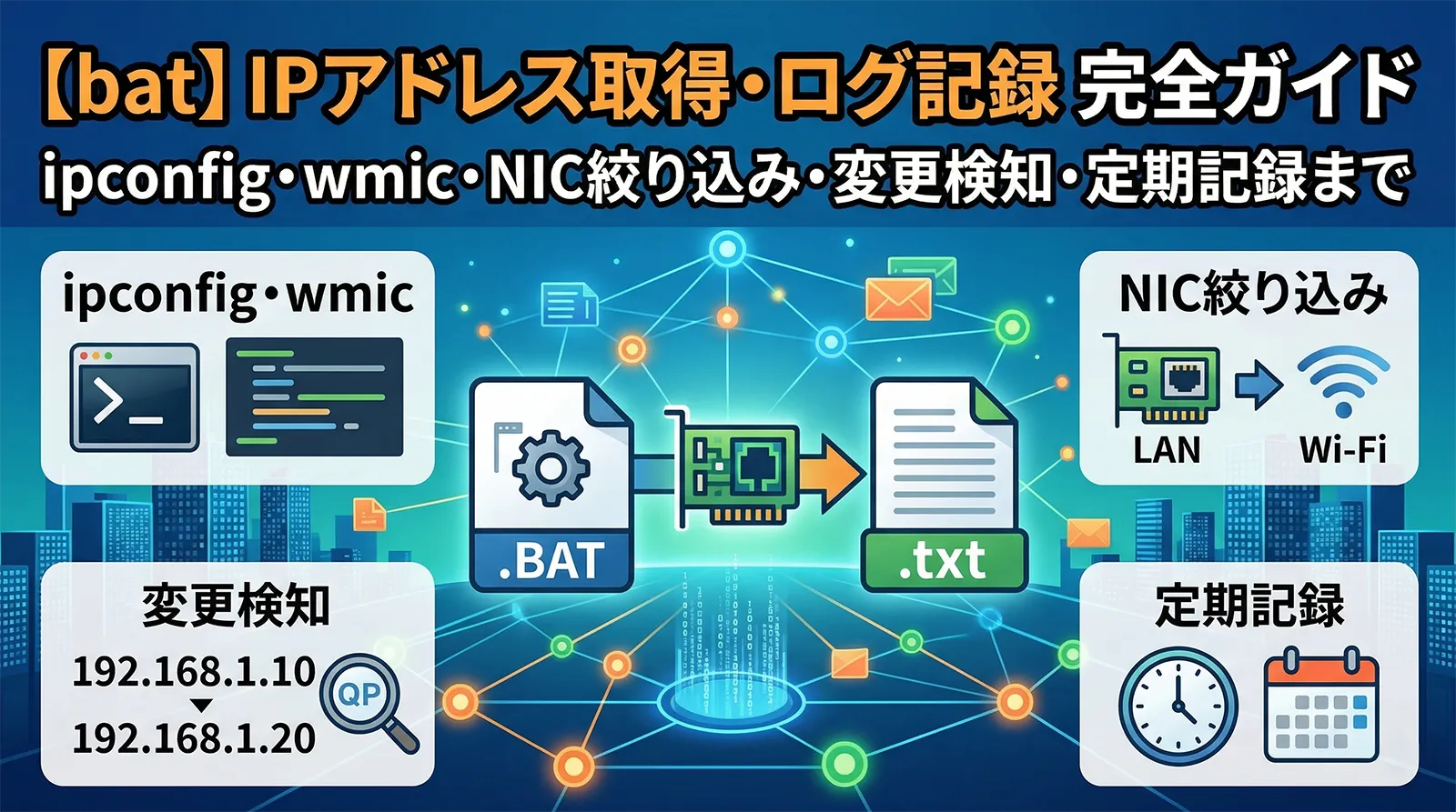 【bat】バッチファイルでIPアドレスを取得してログに記録する完全ガイド｜ipconfig・wmic・NIC絞り込み・変更検知・定期記録まで