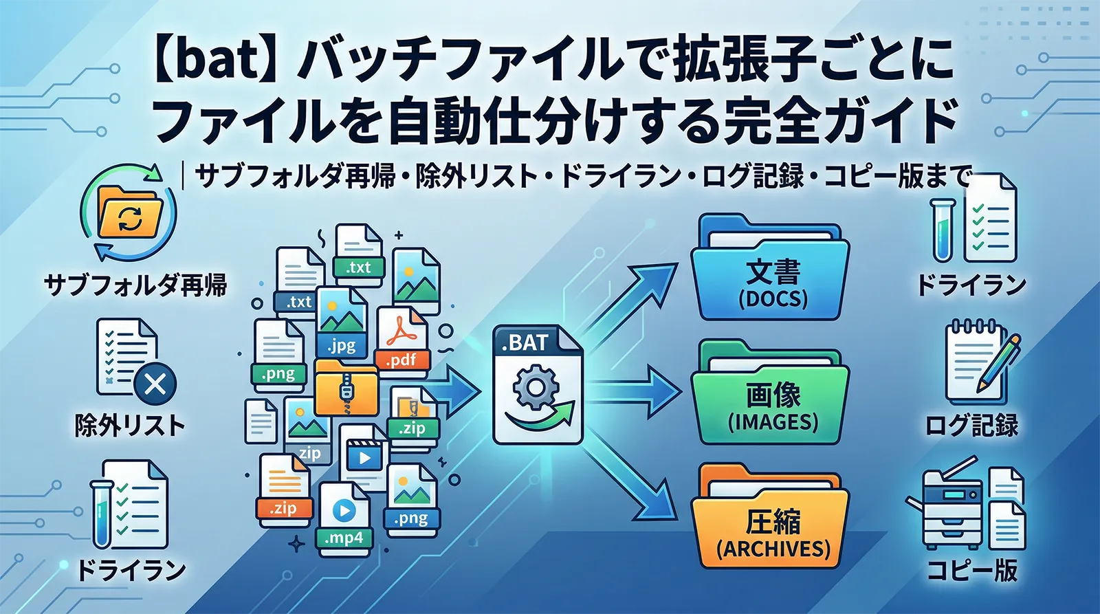 【bat】バッチファイルで拡張子ごとにファイルを自動仕分けする完全ガイド｜サブフォルダ再帰・除外リスト・ドライラン・ログ記録・コピー版まで