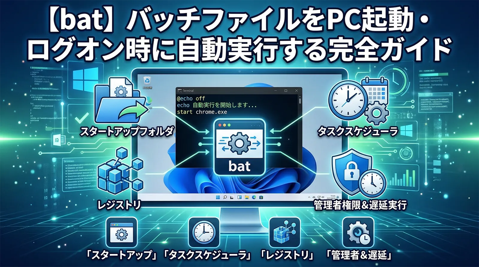 【bat】バッチファイルをPC起動・ログオン時に自動実行する完全ガイド｜スタートアップ・タスクスケジューラ・レジストリ・遅延実行・管理者権限まで