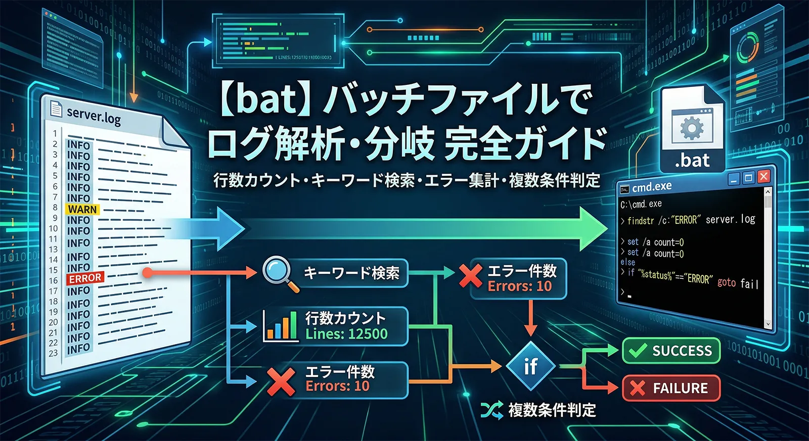 【bat】バッチファイルでログを解析・分岐する完全ガイド｜行数カウント・キーワード検索・エラー件数・複数条件判定まで徹底解説
