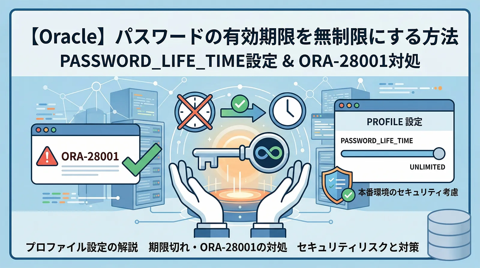 【Oracle】パスワードの有効期限を無制限にする方法｜PASSWORD_LIFE_TIME・ORA-28001 対処・プロファイル設定・本番のセキュリティ考慮まで解説