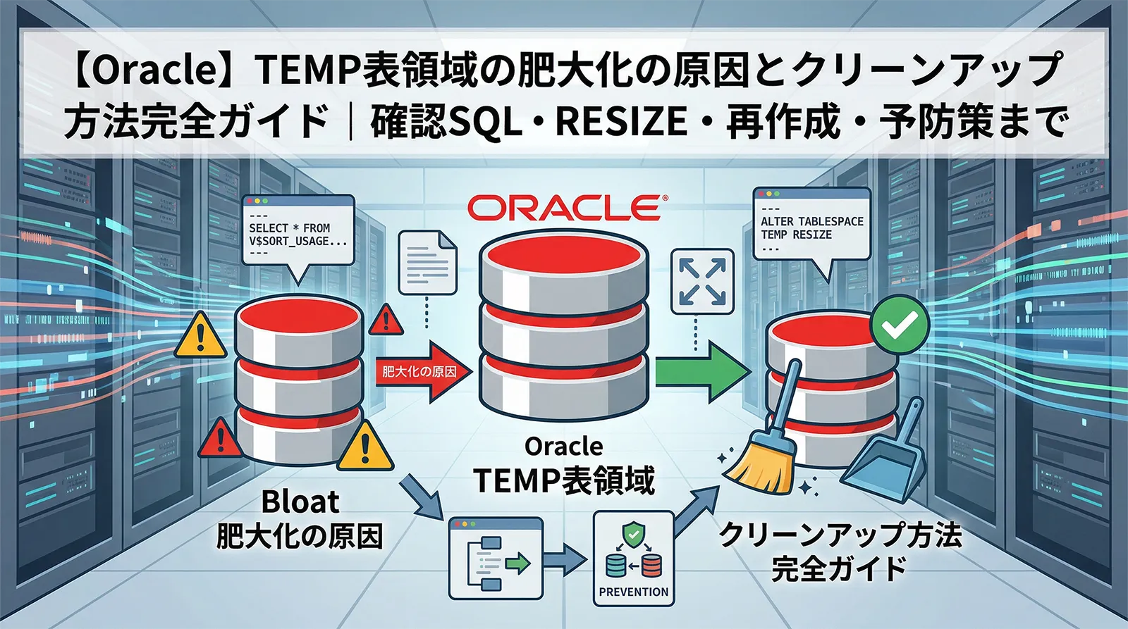 【Oracle】TEMP表領域の肥大化の原因とクリーンアップ方法完全ガイド｜確認SQL・RESIZE・再作成・予防策まで